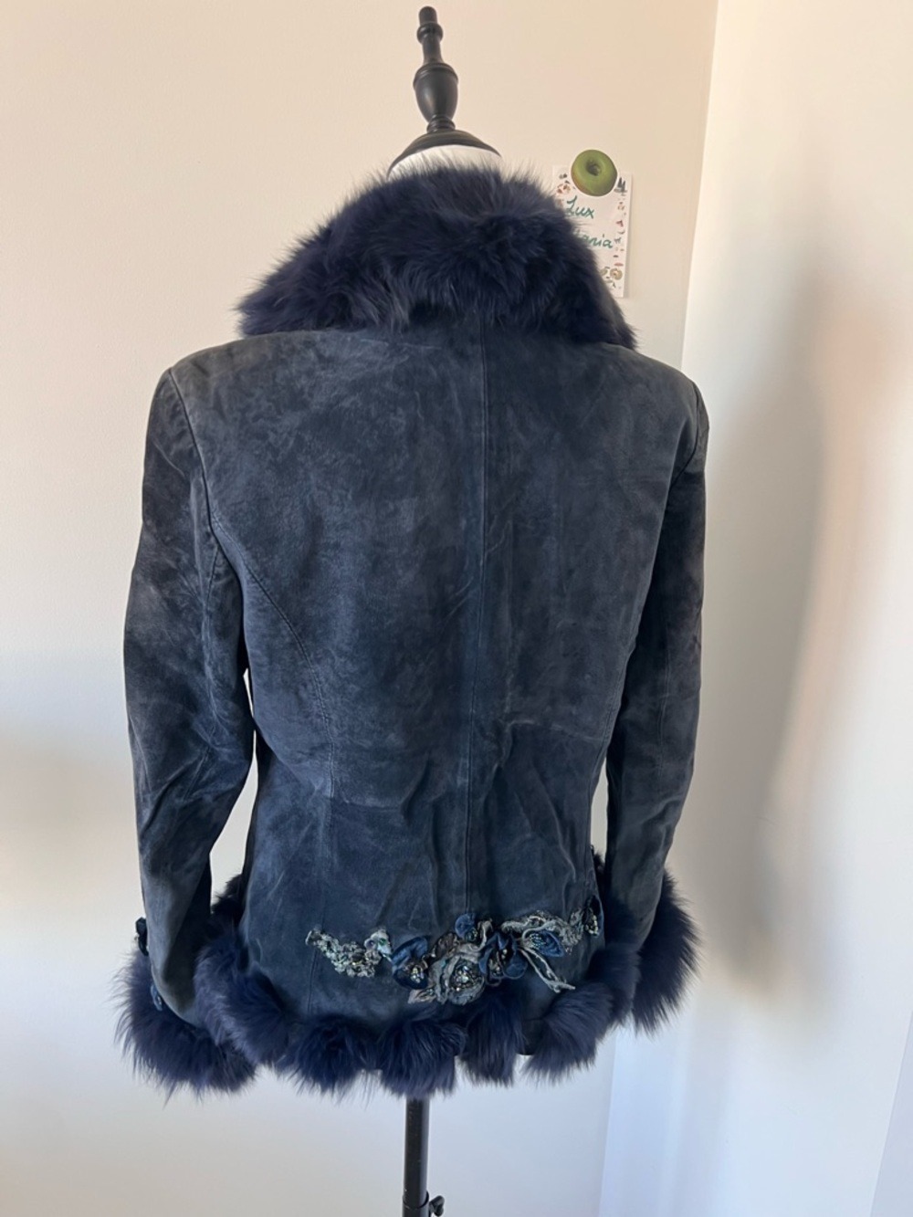 Vintage Navy Suede Jacket with Real Fox Fur Beaded Floral Embroidery S-M Boho - Picture 5 of 14